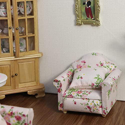 Cutemini Dollhouse Couch with Pillow 1 12 Scale Miniature Sofa Arm Chair Living Room Furniture Wooden Fabric Frame Single Reading Chair Artificial House Room Scene Decoration Pink - Image 5