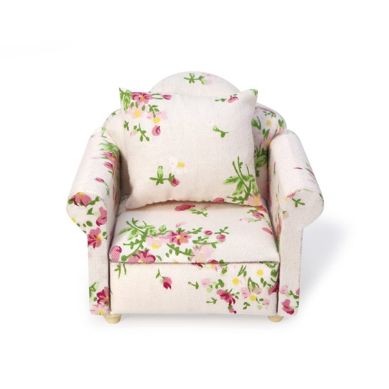Cutemini Dollhouse Couch with Pillow 1 12 Scale Miniature Sofa Arm Chair Living Room Furniture Wooden Fabric Frame Single Reading Chair Artificial House Room Scene Decoration Pink - Image 3