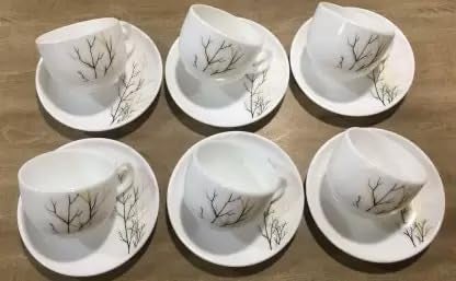 TREANDCARD Diva Golden Fall Iris Opalware 6 Cup 6 Saucer Set White White Gold Black Cup and Saucer - Image 4