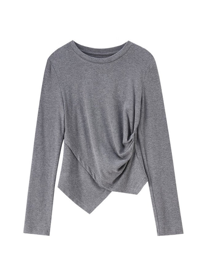 Sentubila Autumn Multicolor Crew Neck Waist Side Ruched Irregular Hem Slim Fit Knit Long Sleeve T-shirt