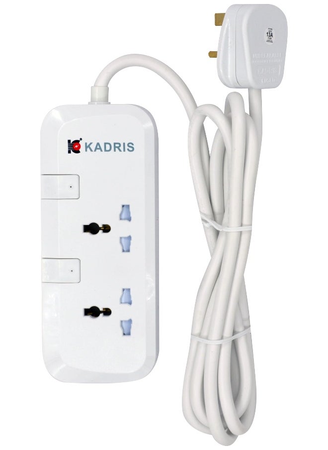 KADRIS - Power Strips CG7002 Heavy Duty Extension Cord with 2 way Outlets with switches, Charging Socket with 2 meter Heat resistant  Extension Cord (White) - Image 1