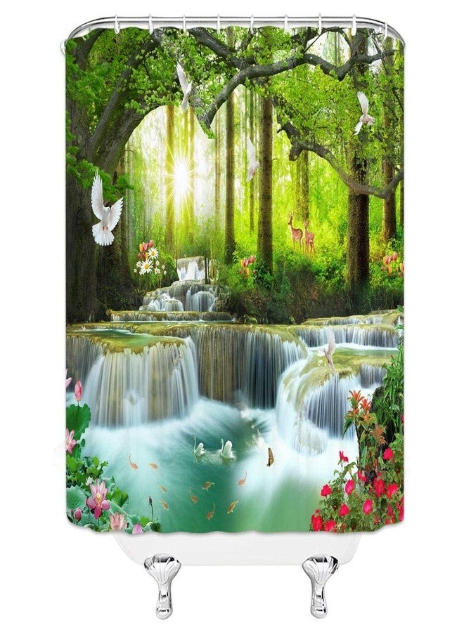YSATNSFT Waterfall Shower Curtain Nature Scenic Forest Tree Wild Animals Deer Birds Flower Butterfly Sunrise Summer Scenery Bathroom Decor Fabric Set with Hooks,(70" WX70 H) - Image 2
