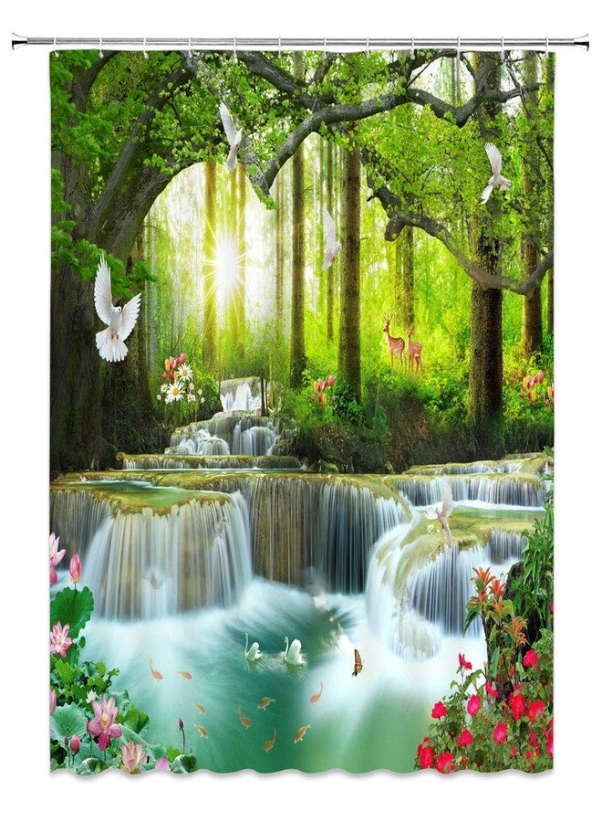 YSATNSFT Waterfall Shower Curtain Nature Scenic Forest Tree Wild Animals Deer Birds Flower Butterfly Sunrise Summer Scenery Bathroom Decor Fabric Set with Hooks,(70" WX70 H) - Image 1