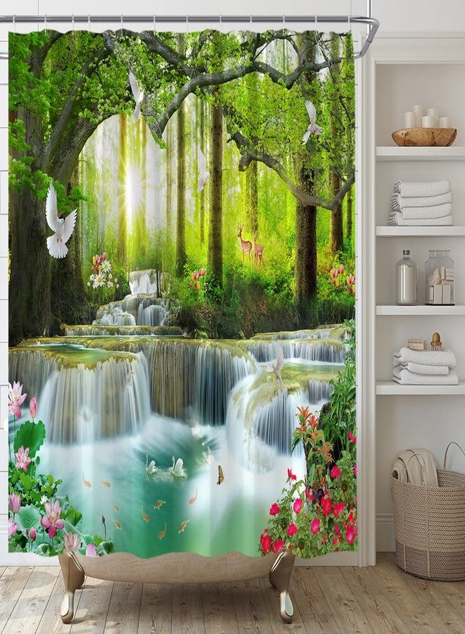 YSATNSFT Waterfall Shower Curtain Nature Scenic Forest Tree Wild Animals Deer Birds Flower Butterfly Sunrise Summer Scenery Bathroom Decor Fabric Set with Hooks,(70" WX70 H) - Image 4