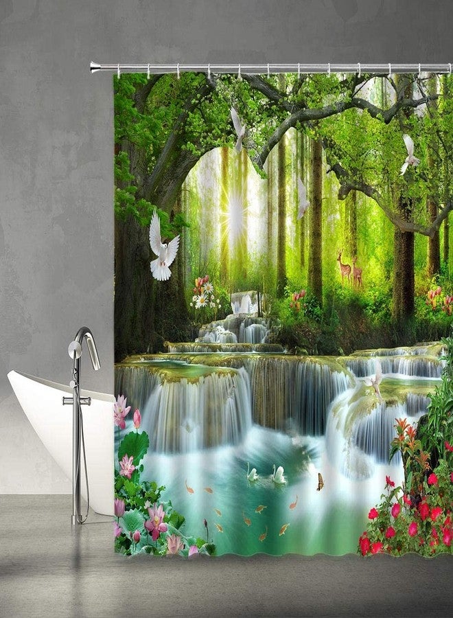 YSATNSFT Waterfall Shower Curtain Nature Scenic Forest Tree Wild Animals Deer Birds Flower Butterfly Sunrise Summer Scenery Bathroom Decor Fabric Set with Hooks,(70" WX70 H) - Image 3