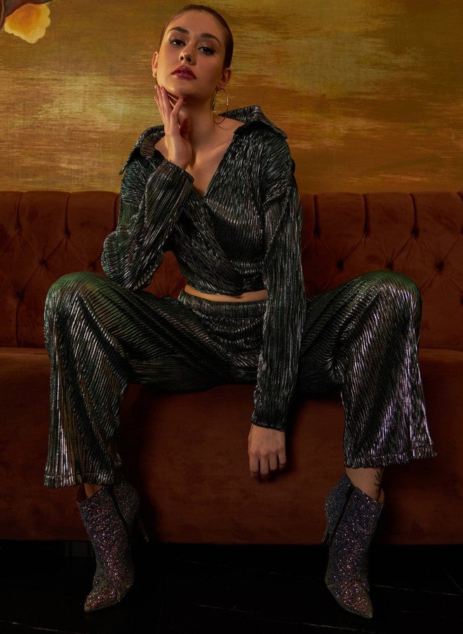 Green Self Design Trousers for Women