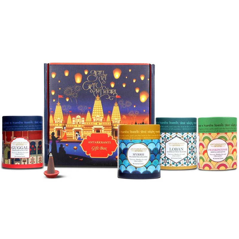 Antarkranti AWADH Aroma Gift Set Charcoal Free Premium Dry Dhoop Incense Cones GUGGAL LOBAN Myrrh and Frankincense Pack of 4 Includes 160 Handmade Incense Cones with Ceramic Cone Holder - Image 1