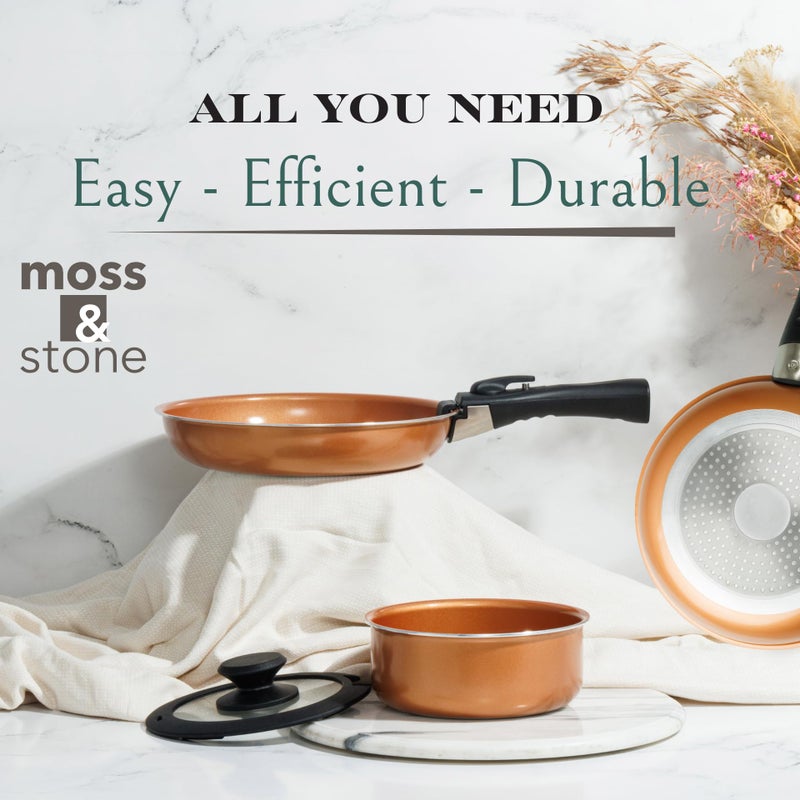 Moss & Stone Copper Pots And Pans Set Nonstick, Removable Handle Cookware, Stackable Pots And Pans Set, Dishwasher safe, Induction Pots And Pans, Camping Cookware Set, Aluminum (7 Pcs) - Image 4