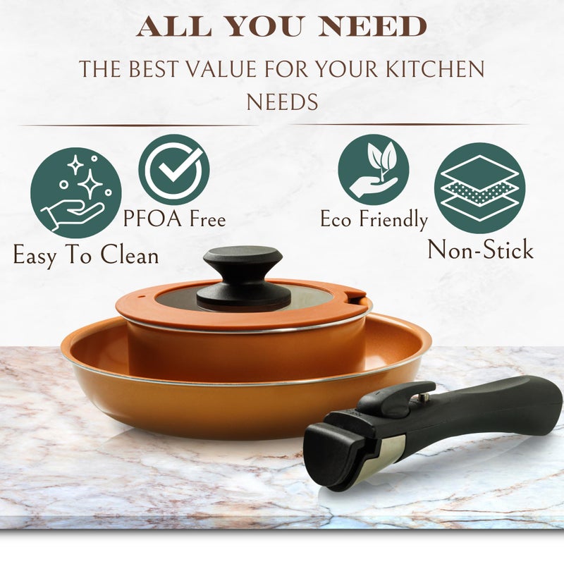 Moss & Stone Copper Pots And Pans Set Nonstick, Removable Handle Cookware, Stackable Pots And Pans Set, Dishwasher safe, Induction Pots And Pans, Camping Cookware Set, Aluminum (7 Pcs) - Image 3