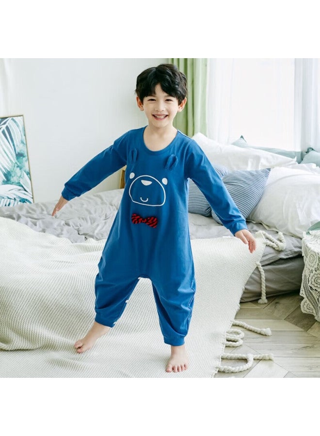 SHANBAOMAY Shangbaomaixunxia بيجامة أطفال قطعة واحدة، قطن ممشط بيجامة صبيان طويلة الأكمام، أزرق بحري جنتلمان بير، 100 سم - Image 1