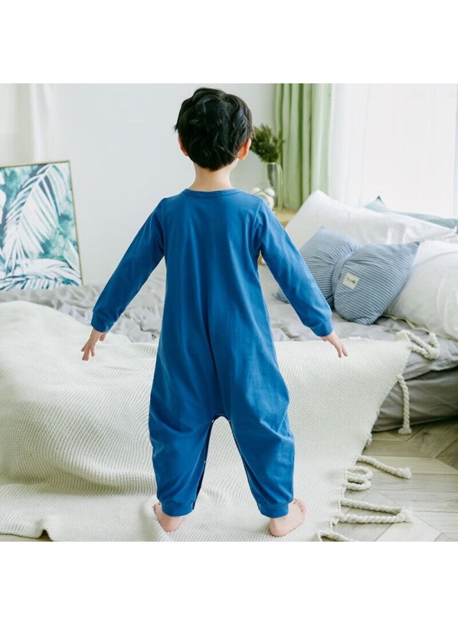 SHANBAOMAY Shangbaomaixunxia بيجامة أطفال قطعة واحدة، قطن ممشط بيجامة صبيان طويلة الأكمام، أزرق بحري جنتلمان بير، 100 سم - Image 2
