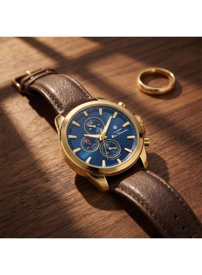 Ben Sherman Oxford Blue Dial Brown Genuine Leather Strap Chronograph Watch for Men, 44mm - Image 4