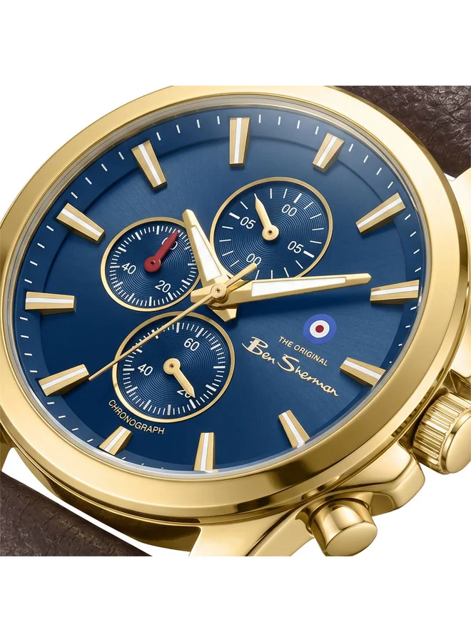 بين شيرمان Oxford Blue Dial Brown Genuine Leather Strap Chronograph Watch for Men, 44mm