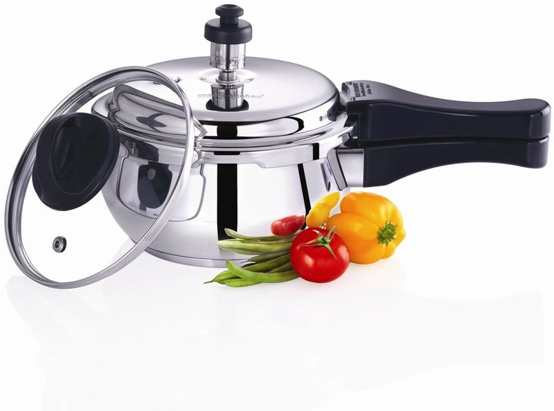 Premier Stainless Steel Induction Bottom Handi Pressure Cooker 1.5Ltr With Glass Lid, Easy To Use, Light Weight, Stylish & Durable, Ideal For Modern Kitchens