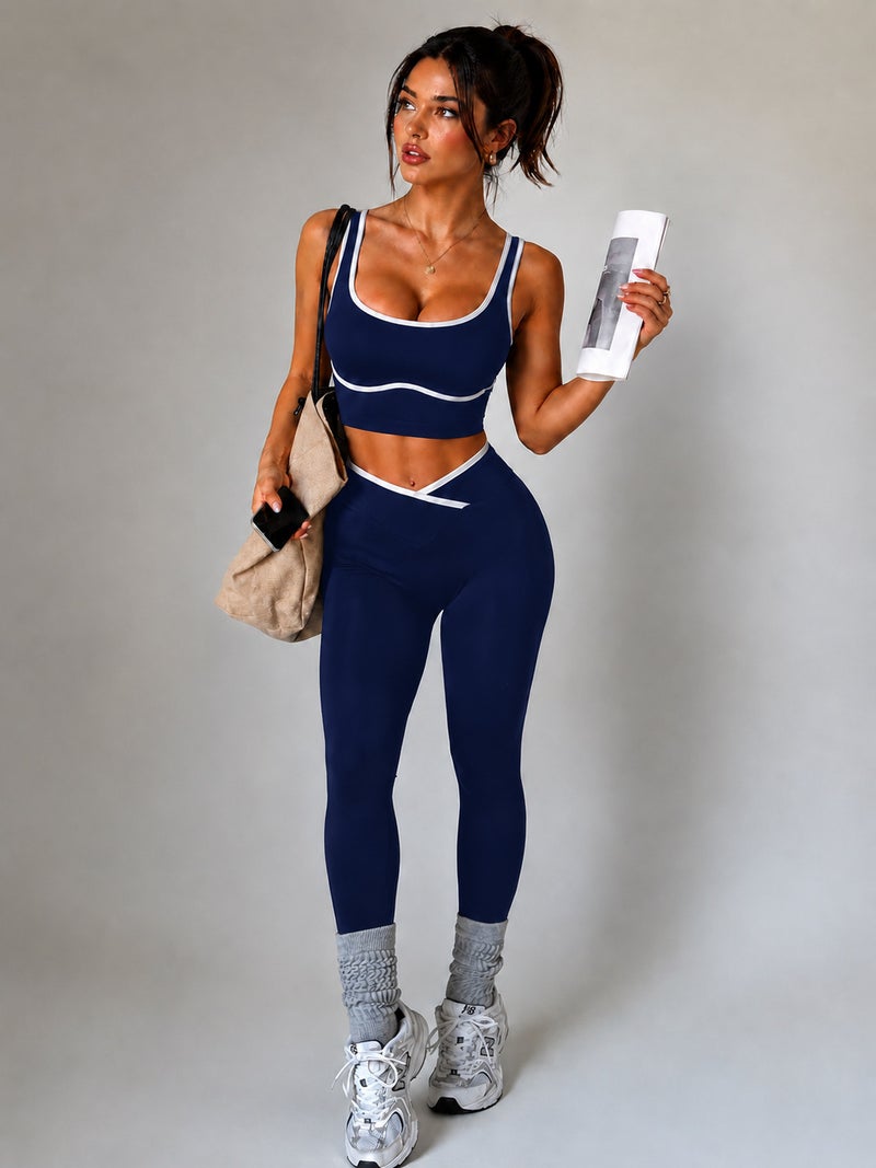 Women's Color-Block Yoga Set High-Waisted Fitness Leggings and Support Sports  Bra