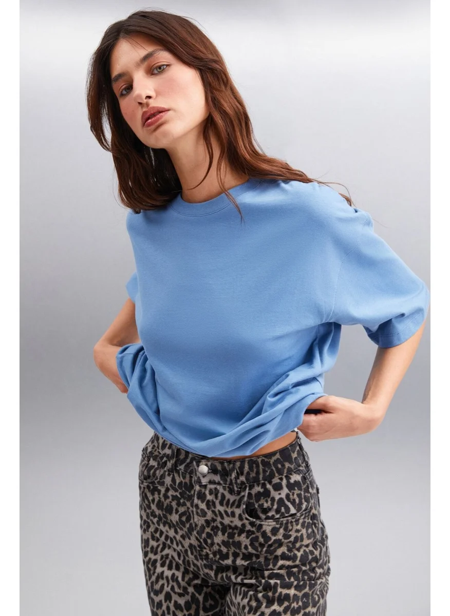 GRIMELANGE Betsy Women's 100% Cotton Crew Neck Short Sleeve Basic Blue T-Shirt
