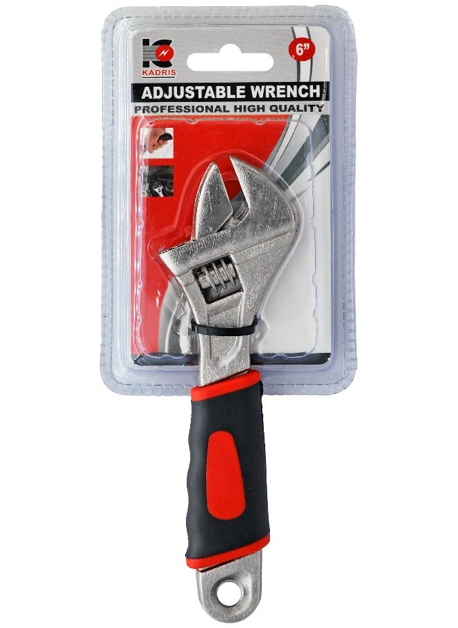 KADRIS - 6 Inch Cabon Steel Adjustable Wrench, Extra Wide Jaw Opening, Heat Treated Chrome Plated Drop, Hand Rubber Grip - Image 1