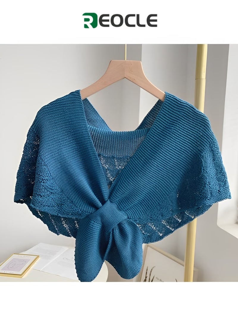 ريوكل شال نسائي من الصوف المحبوك الأنيق مع ياقة وهمية وأغطية رأس محبوكة ووشاح وعباءة - Image 1