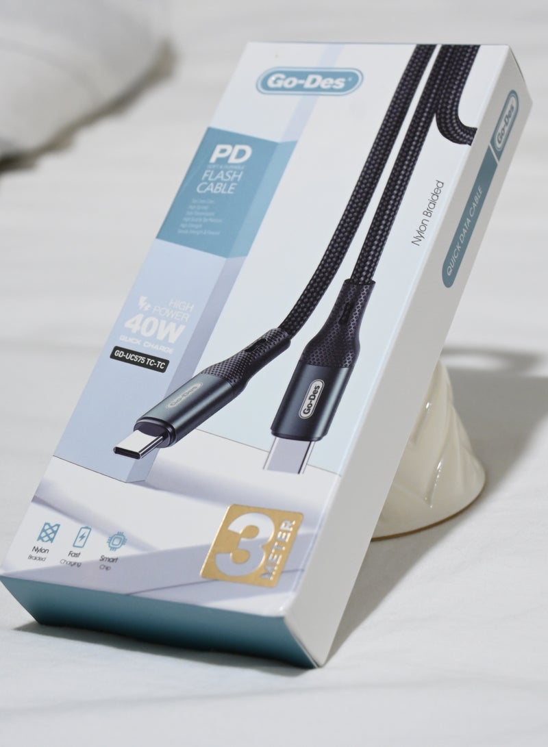 GO-DES Go Des 40W Fast Charging 5A USB C to USB C Cable [9.9-ft,3M], Powerful Nylon Braided USB C Cord Phone Charger - Image 1