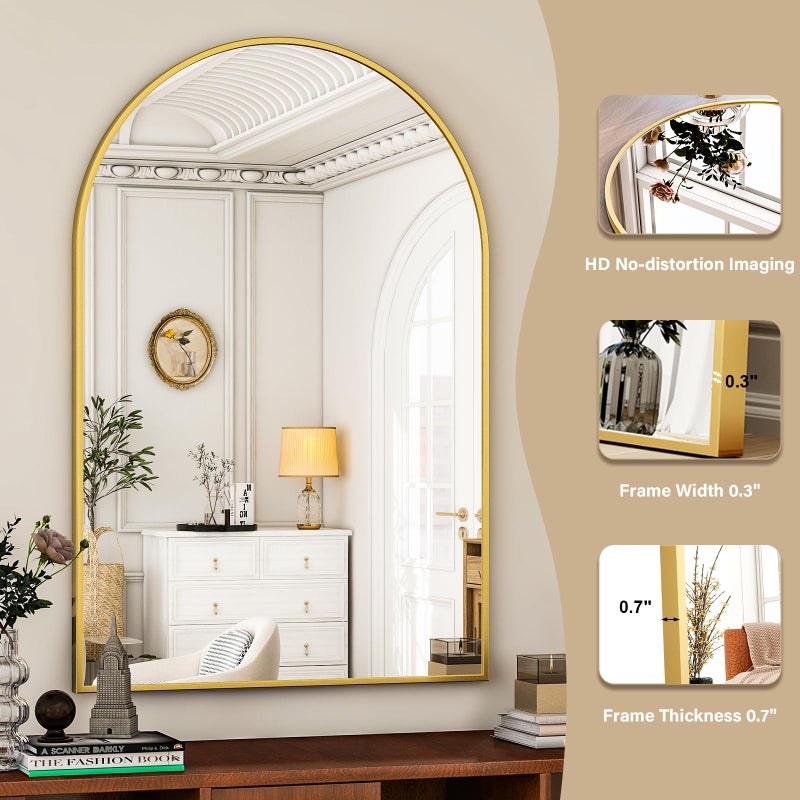 HARRITPURE Arched Bathroom Mirror - 30"x40" Gold Large Wall Mounted Vanity Mirror Aluminum Alloy Frame Arch Wall Mirror for Living Room, Bedroom and Entryway - Image 3
