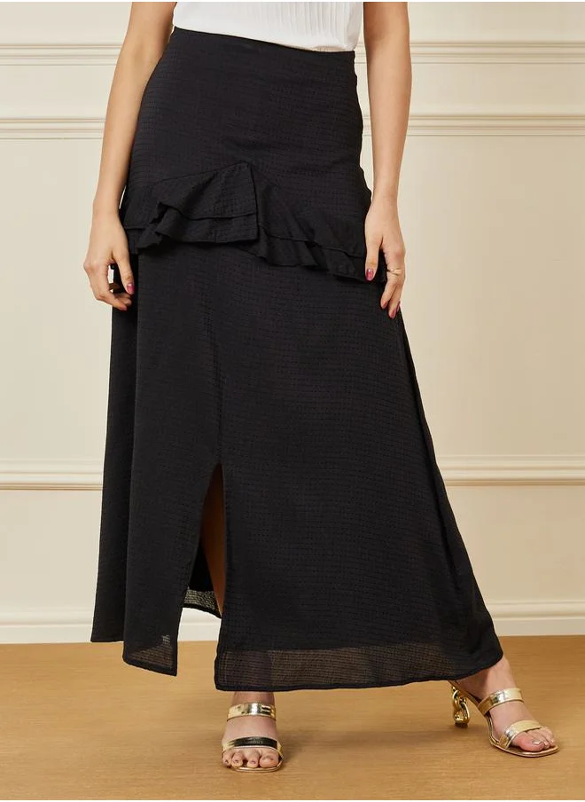 Styli Textured Ruffle Front Slit Detail Maxi Skirt