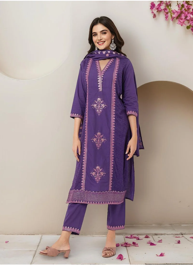 ISHIN Regular Fit Embellished Pattern Round Neck Neck Three-Quarter Sleeve Lilac Colour Knitted Cotton Kurta Set for Women with Mid-Rise Closure - Perfect for your Festive Celebrations
