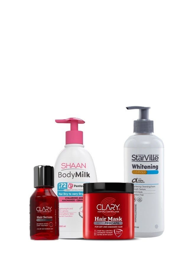 Clary hair mask-Clary hair serum-Shaan body milk-Starkville Whitening Cleanser - Image 1