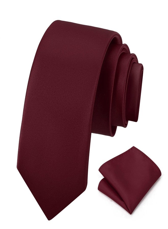 PenSee Men's Burgundy Tie Set Solid Pure Color 3.15" (8CM) Classic Formal Plain Necktie and Pocket Square Set For Men - Image 1