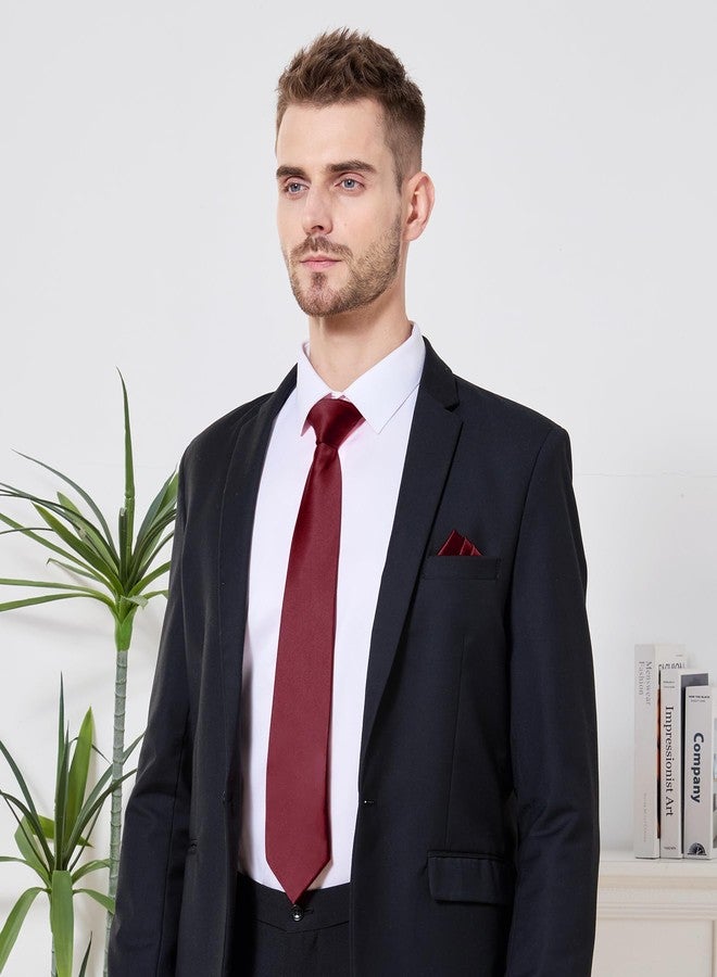 PenSee Men's Burgundy Tie Set Solid Pure Color 3.15" (8CM) Classic Formal Plain Necktie and Pocket Square Set For Men - Image 2