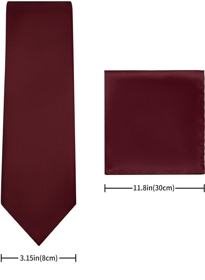 PenSee Men's Burgundy Tie Set Solid Pure Color 3.15" (8CM) Classic Formal Plain Necktie and Pocket Square Set For Men - Image 4