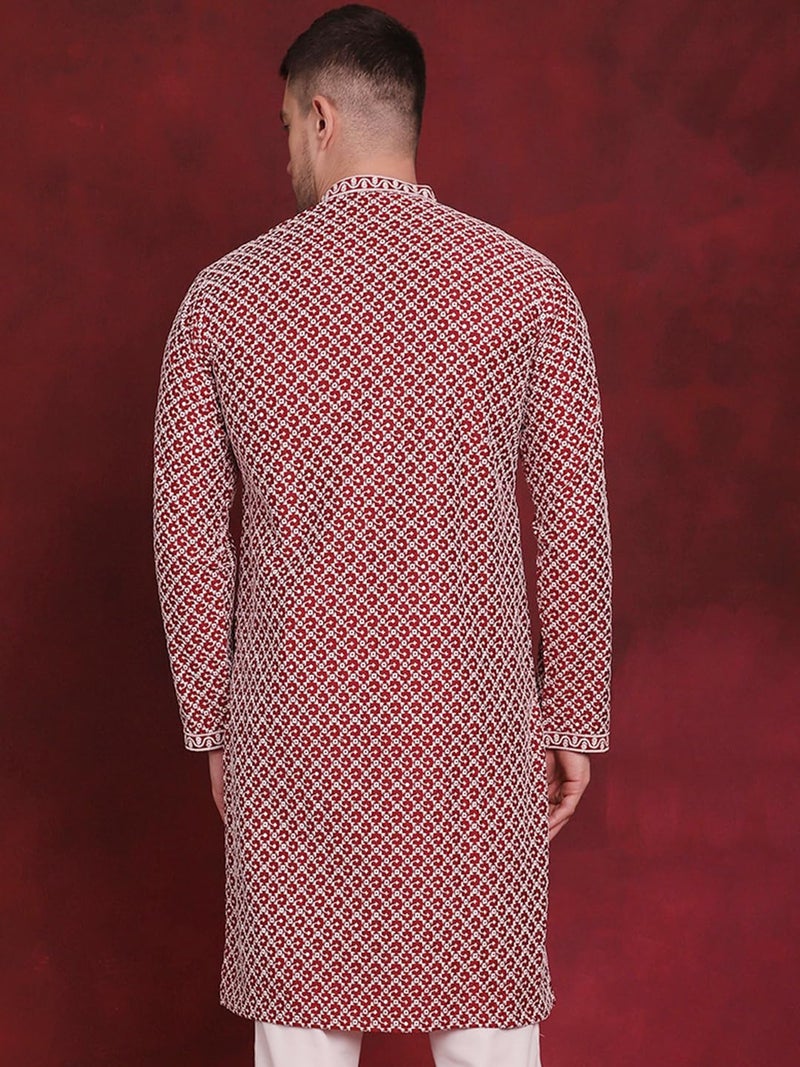 Jompers Men's Sequin Chikankari Front Open Kurtas (Maroon, L) - Image 2