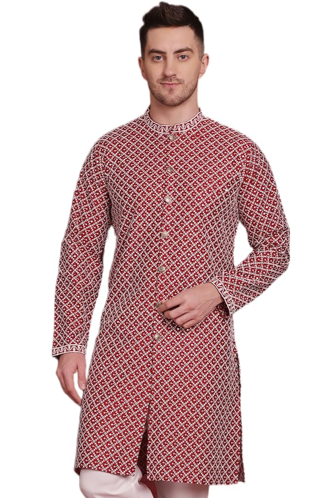 Jompers Men's Sequin Chikankari Front Open Kurtas (Maroon, L) - Image 1