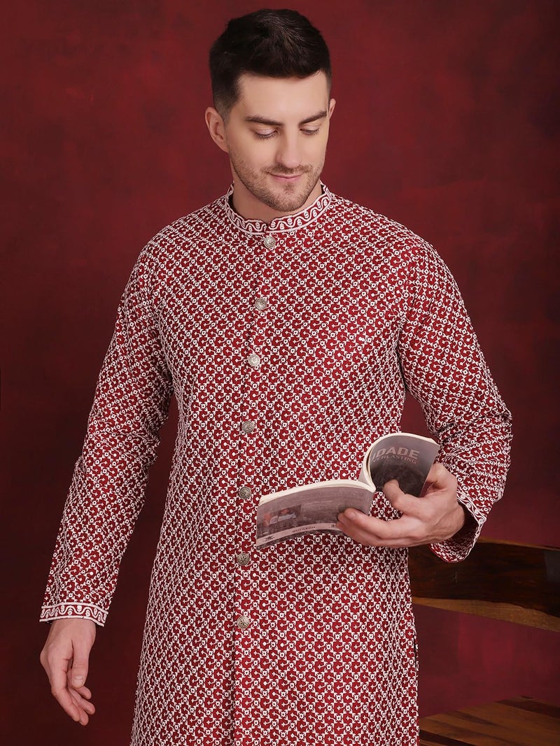 Jompers Men's Sequin Chikankari Front Open Kurtas (Maroon, L) - Image 5