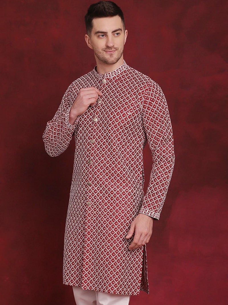 Jompers Men's Sequin Chikankari Front Open Kurtas (Maroon, L) - Image 3