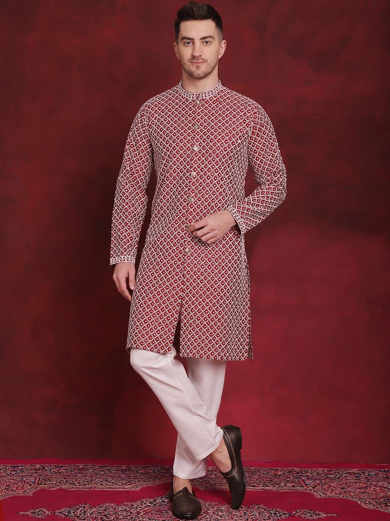 Jompers Men's Sequin Chikankari Front Open Kurtas (Maroon, L) - Image 4
