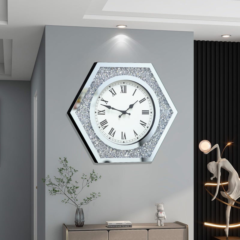 ساعة حائط كبيرة JTWALCLOCK لتزيين غرفة المعيشة بلمسة كريستالية لامعة مرآة لامعة حديثة ساعة حائط فضية كبيرة 20 بوصة ساعة صامتة لتزيين الأماكن الداخلية