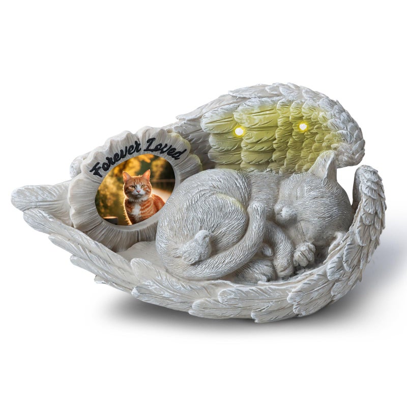 MoDinity Cat Memorial Gift, Angel Memorial Cat Statue with Photo Frame, Forever My Guardian Angel Garden Solar Light Cats for Pet Memorial Stone - Image 1