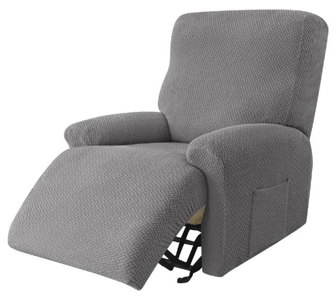 KHAJUL Stretchable Recliner Chair Cover 1 Seater, 4 Pieces Jacquard Sofa Slipcover with Pocket, Furniture Protector for Pets and Kids, Machine Washable - Light Gray - Image 1