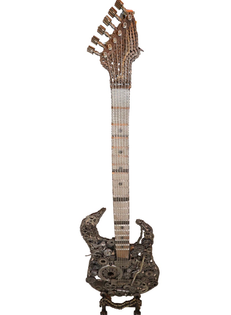 Industrial Symphony Guitar Sculpture, Handcrafted Metal Art, Gears and Chains Design, 200 cm, Unique Statement Piece - Image 1