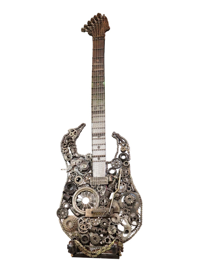 Industrial Symphony Guitar Sculpture, Handcrafted Metal Art, Gears and Chains Design, 200 cm, Unique Statement Piece - Image 2