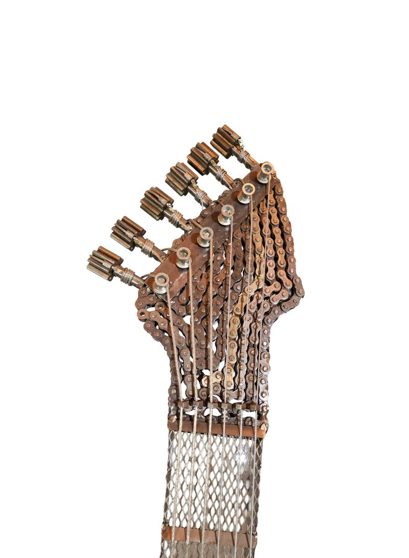 Industrial Symphony Guitar Sculpture, Handcrafted Metal Art, Gears and Chains Design, 200 cm, Unique Statement Piece - Image 3