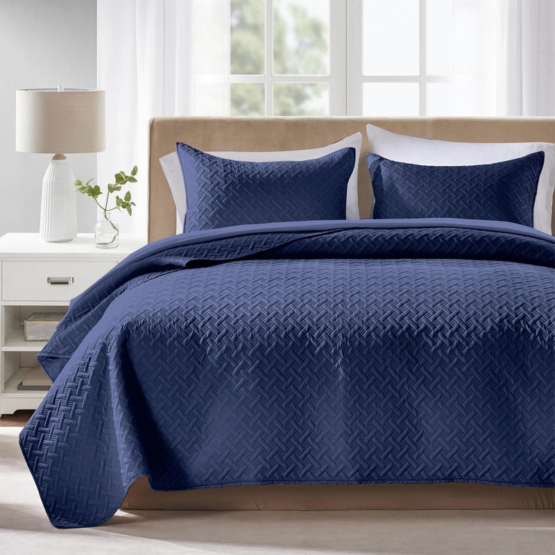 FLYMME Quilts Queen Size - Ultra Soft Navy Blue Quilt Lightweight Microfiber Bedspreads, Classic Basket Weave Pattern Bedspread Bed Coverlet 3 Pieces for All-Season (1 Quilt, 2 Pillow Shams) - Image 1