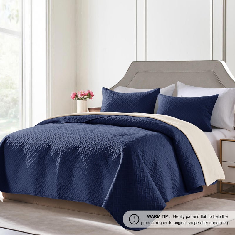 FLYMME Quilts Queen Size - Ultra Soft Navy Blue Quilt Lightweight Microfiber Bedspreads, Classic Basket Weave Pattern Bedspread Bed Coverlet 3 Pieces for All-Season (1 Quilt, 2 Pillow Shams) - Image 2