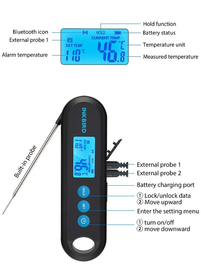 INKBIRD - INKBIRD Bluetooth Digital Meat Thermometer IHT-2PB With External Probes Backlight Display 2 Sec Instant Readout Temperature Alarms And Timers Rechargeable Food Thermometer For Grilling BBQ Cooking - Image 1