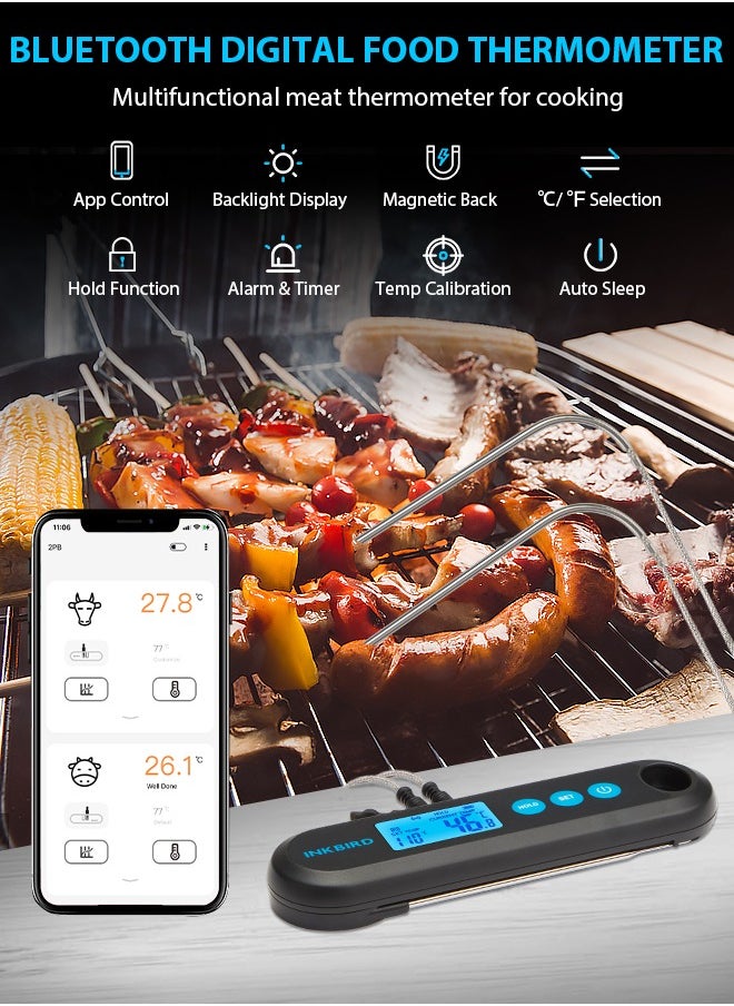 INKBIRD - INKBIRD Bluetooth Digital Meat Thermometer IHT-2PB With External Probes Backlight Display 2 Sec Instant Readout Temperature Alarms And Timers Rechargeable Food Thermometer For Grilling BBQ Cooking - Image 1