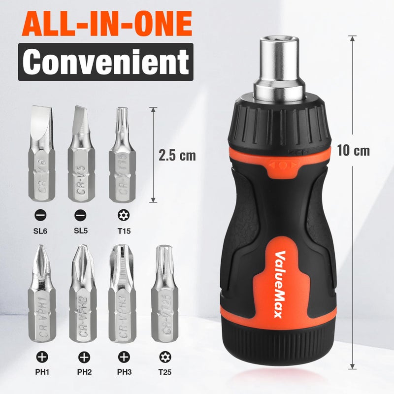 ValueMax 8-in-1 Stubby Ratcheting Screwdriver, Multi-bit Screwdriver, Quick-load Mechanism, Adjustable Magnetic Tool with Phillips, Slotted, Torx Screw Driver Bits and 1/4" Nut Driver - Image 3