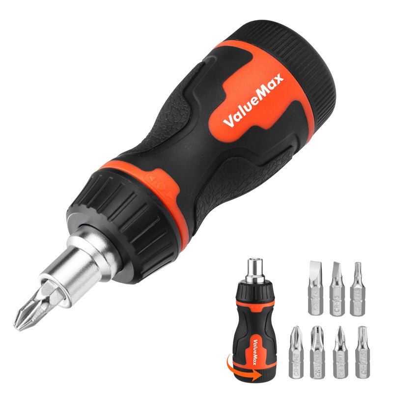 ValueMax 8-in-1 Stubby Ratcheting Screwdriver, Multi-bit Screwdriver, Quick-load Mechanism, Adjustable Magnetic Tool with Phillips, Slotted, Torx Screw Driver Bits and 1/4" Nut Driver - Image 1
