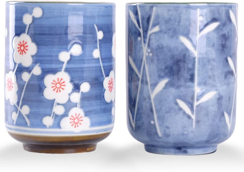WHJY 10oz Transitional ChineseJapanese style Handleless Ceramic Tea cups teacup Cherry Bloom  Rush straw in Blue Sky Pattern Set of 2 - Image 1
