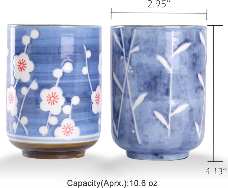 WHJY 10oz Transitional ChineseJapanese style Handleless Ceramic Tea cups teacup Cherry Bloom  Rush straw in Blue Sky Pattern Set of 2 - Image 2