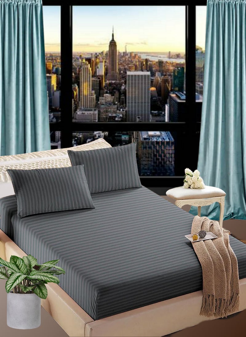 Blueberry Cloudy Grey Cotton King Striped Fitted Elastic Bedsheet 200x200+35cm  - Image 1